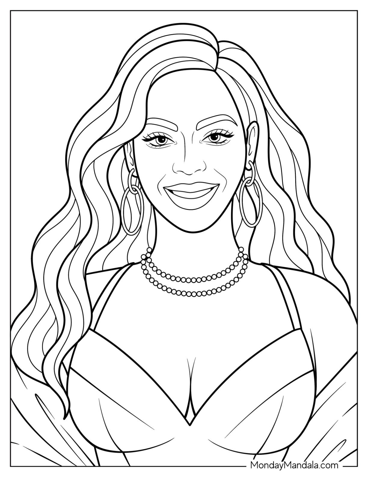 Stunning Beyoncé Coloring Page Portrait With Soft Hair and Gown
