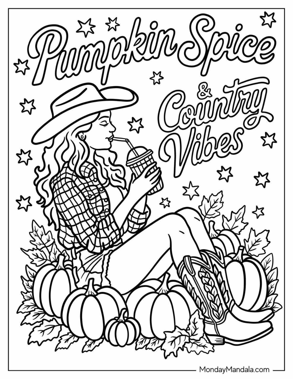 Autumn & Fall Coloring Page for Adults of Stylish Cowgirl Drinking Pumpkin Spice Surrounded by Pumpkins