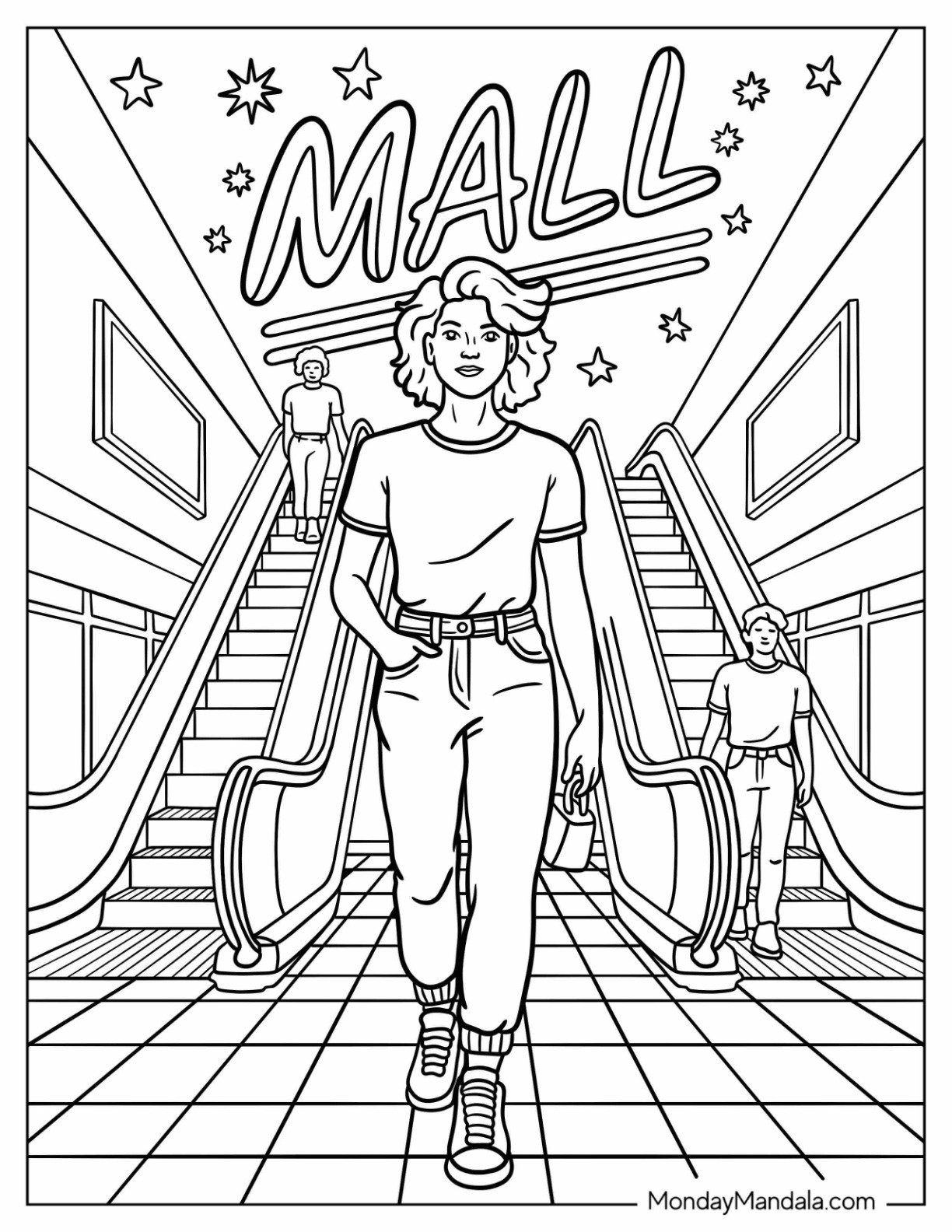 Stylish Teen Girl Strutting Down Mall Hallway with Escalators Behind Her 80’s Coloring Page