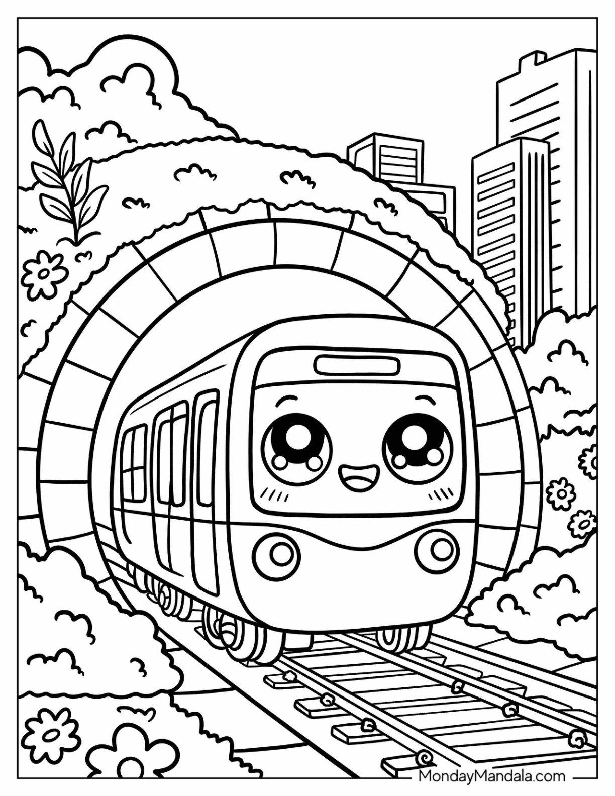 Subway Train Coloring Page in a Flower Filled Tunnel for Kids