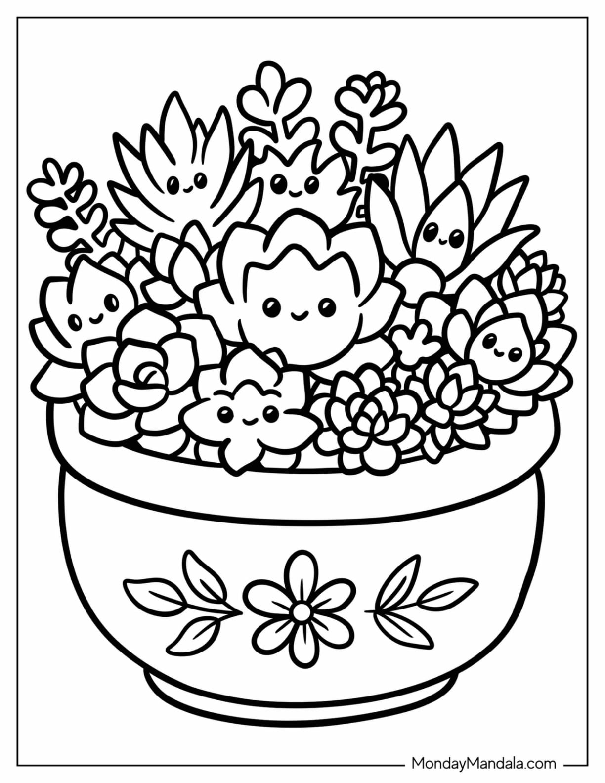 Succulent Arrangement in a Floral Bowl Coloring Page for Kids