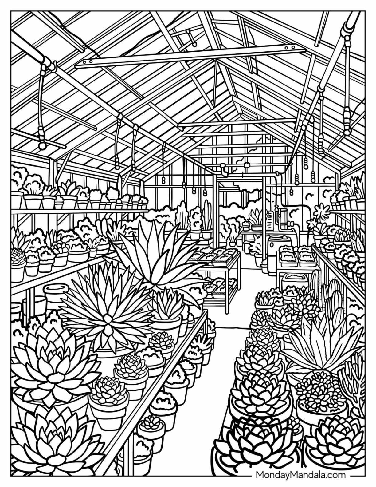 Succulent Greenhouse Filled with Potted Plants Coloring Page