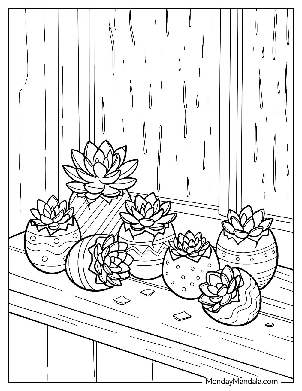 Easter For Adults Coloring Page of Succulents in Easter Eggs by the Window