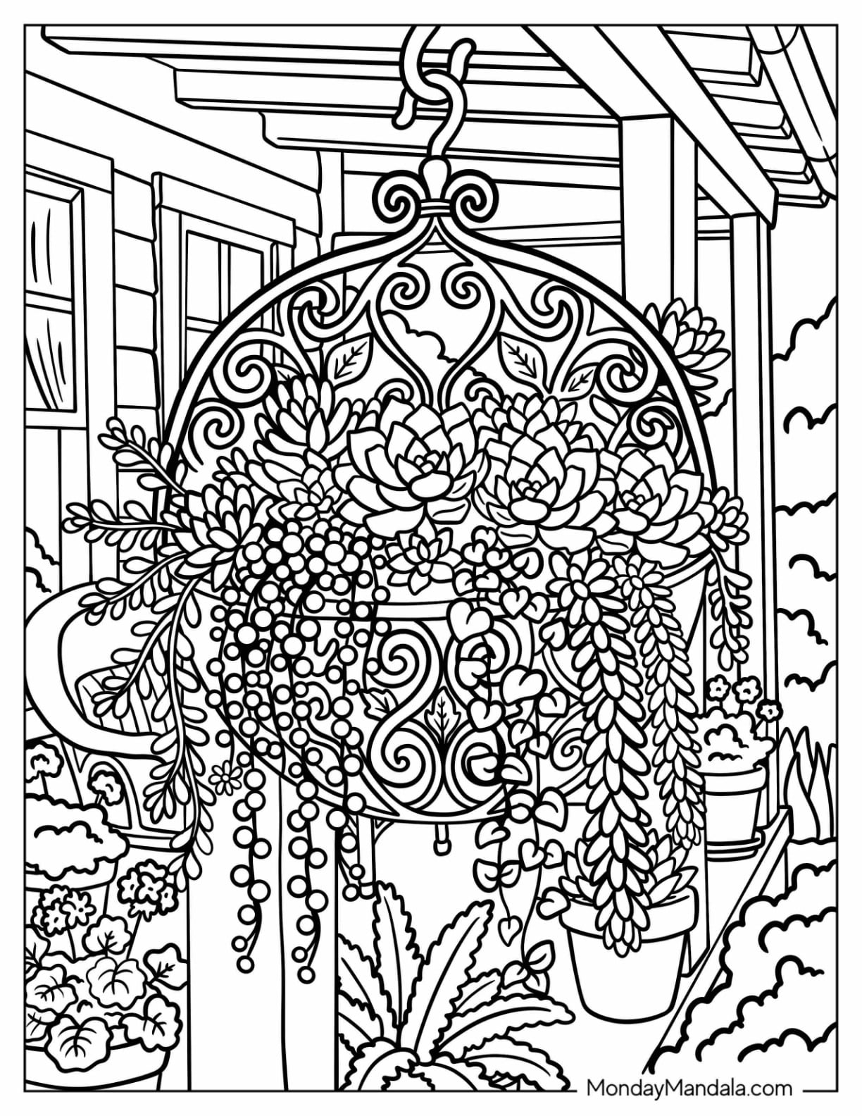 Succulents in an Ornate Hanging Basket Coloring Page