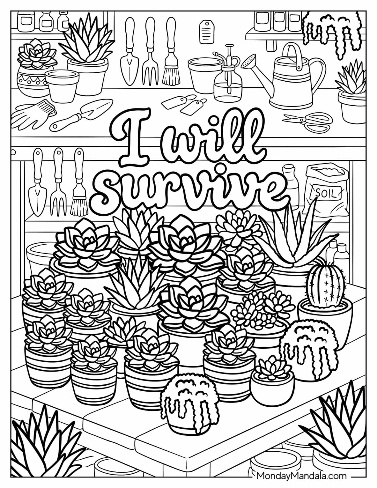 Succulents on a Wooden Table Coloring Sheet for Adults