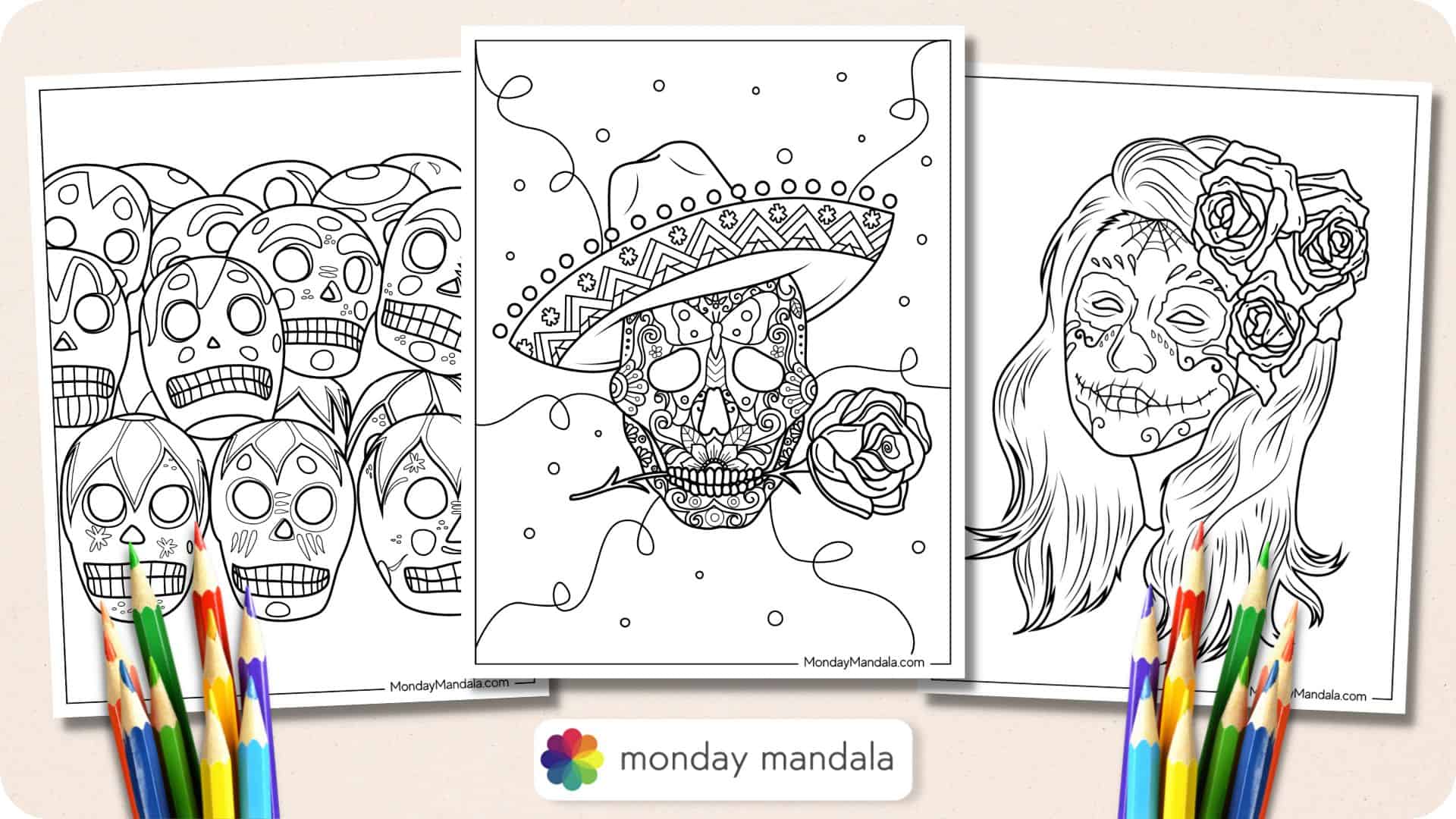 Coloring Set Dia De La Muertos Coloring Set La Catrina Sugar Skull Digital  PDF 