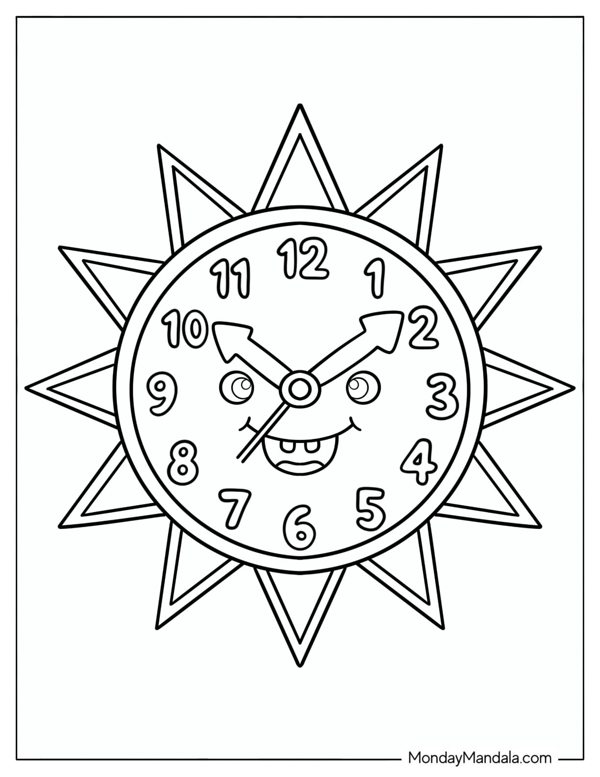 Sun Shaped Wall Clock with a Cheerful Face Coloring Page