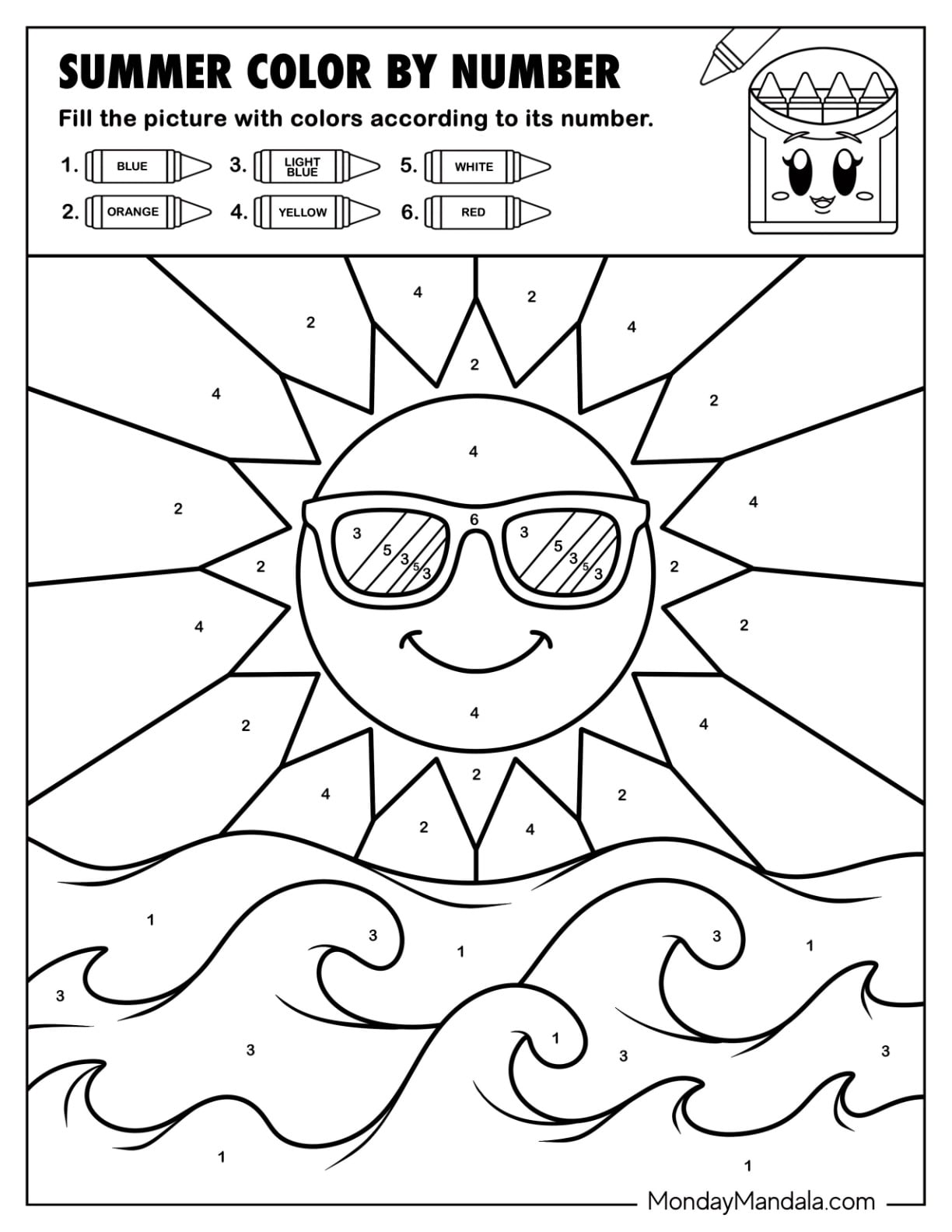 Sun Wearing Sunglasses Over Ocean Waves Summer Color by Number