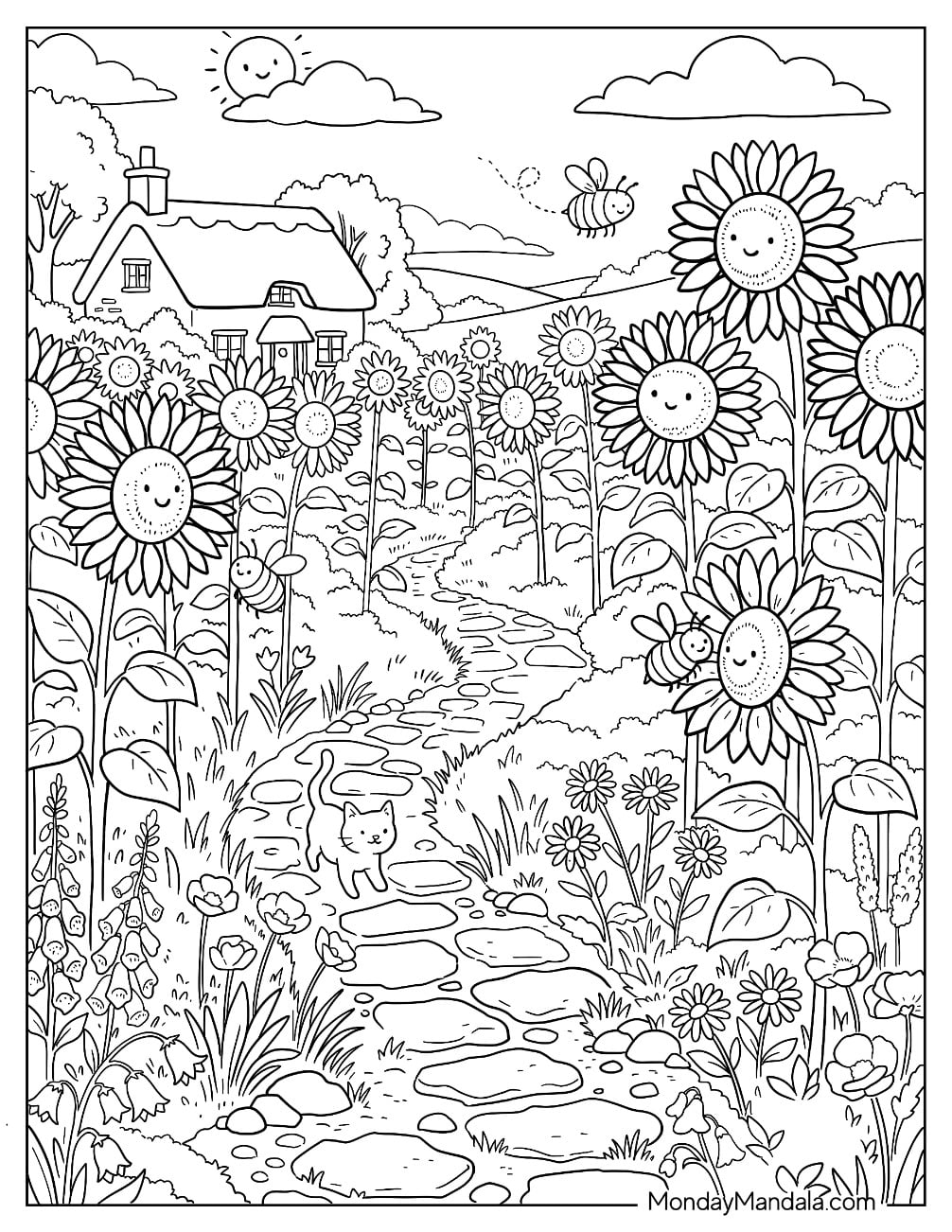 Sunflower Garden with Cat, Cottage, and Stone Path Coloring Page