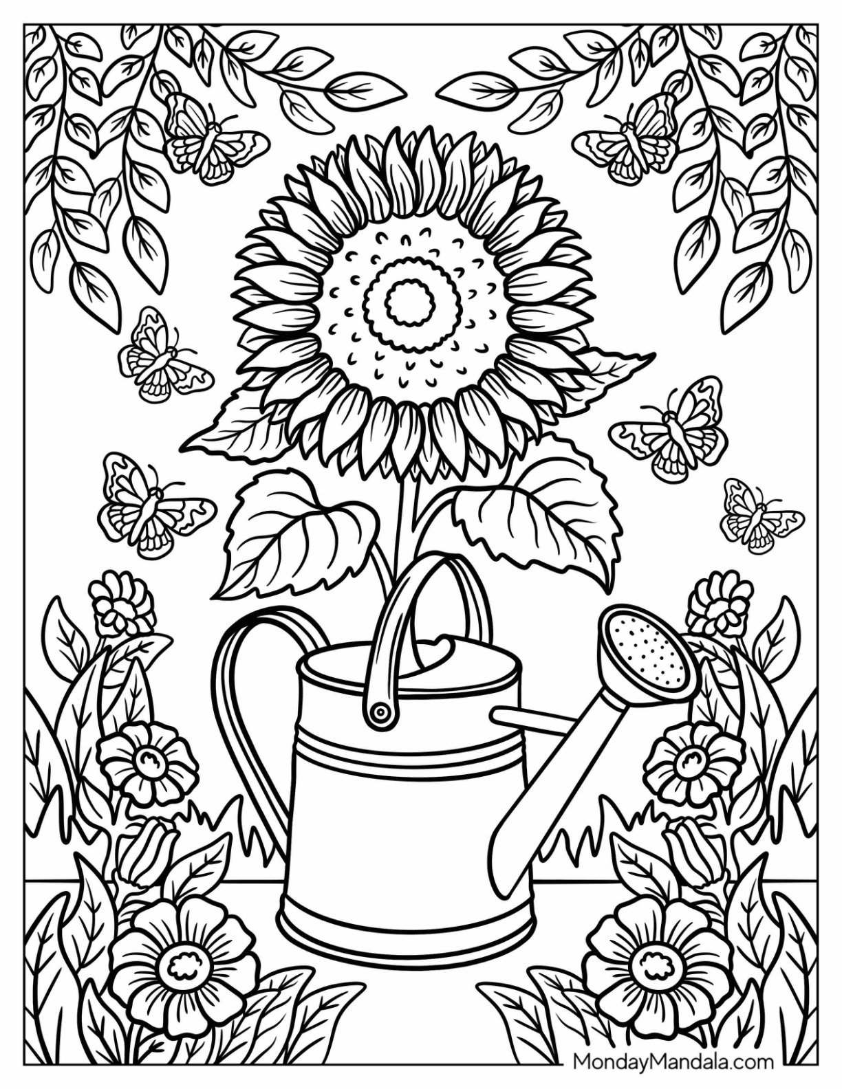 Sunflower Coloring Page Growing From a Watering Can Surrounded by Flowers and Butterflies