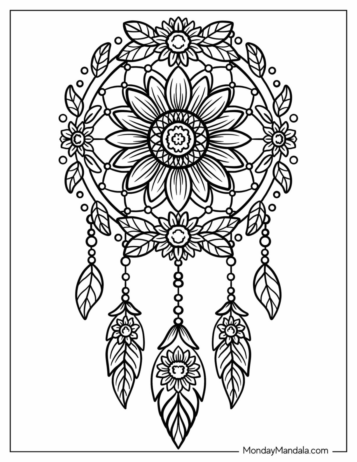 Sunflower Coloring Page Mandala Dreamcatcher With Hanging Feathers 
