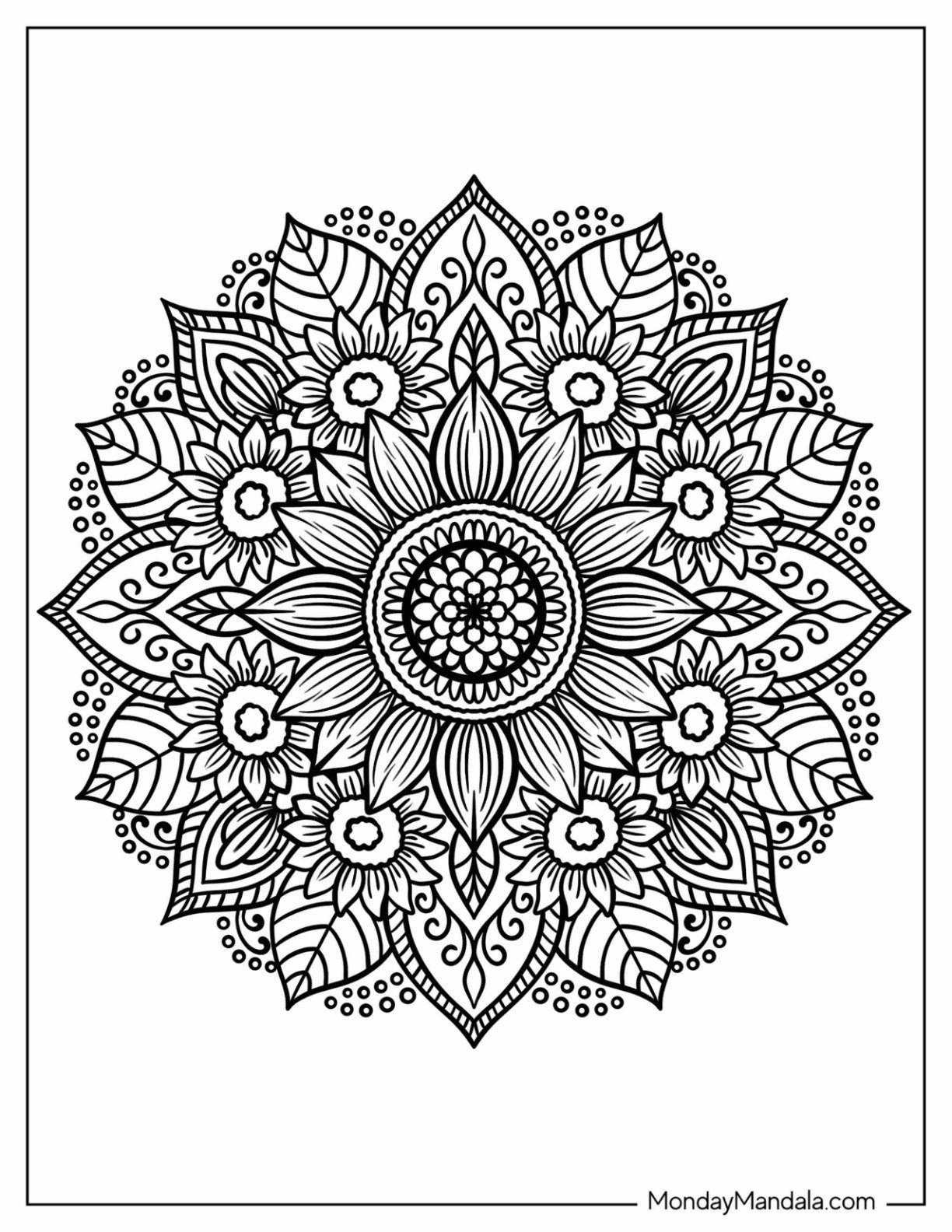 Sunflower Coloring Page Mandala With Detailed Petals and Leaves