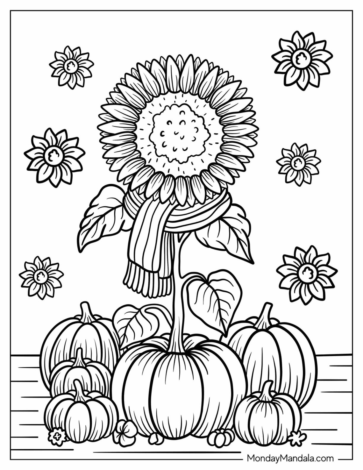 Sunflower Coloring Page With Scarf Surrounded by Pumpkins