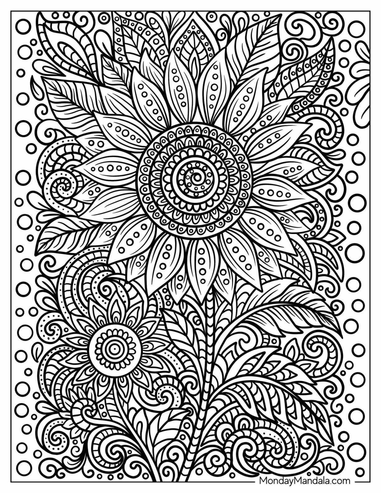 Sunflower Coloring Page With Swirly Petals and Decorative Leaves