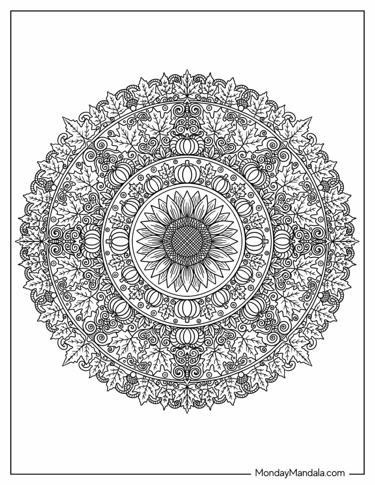 Sunflower and Pumpkin Halloween Mandala Coloring Page