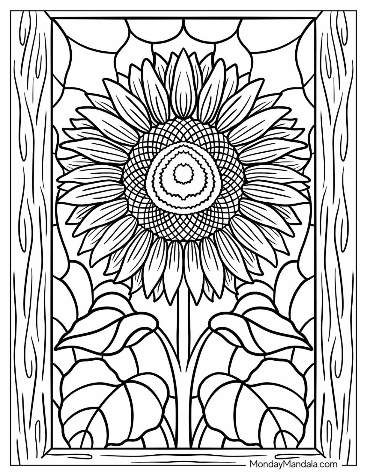 Sunflower in Bloom with Leafy Vines Stained Glass Coloring Page