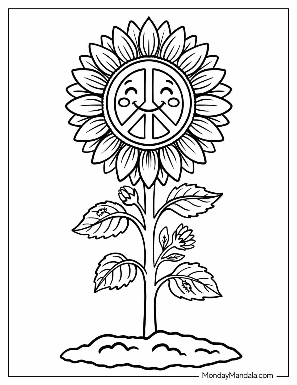 Sunflower with a Smiling Peace Sign Coloring Sheet for Kids