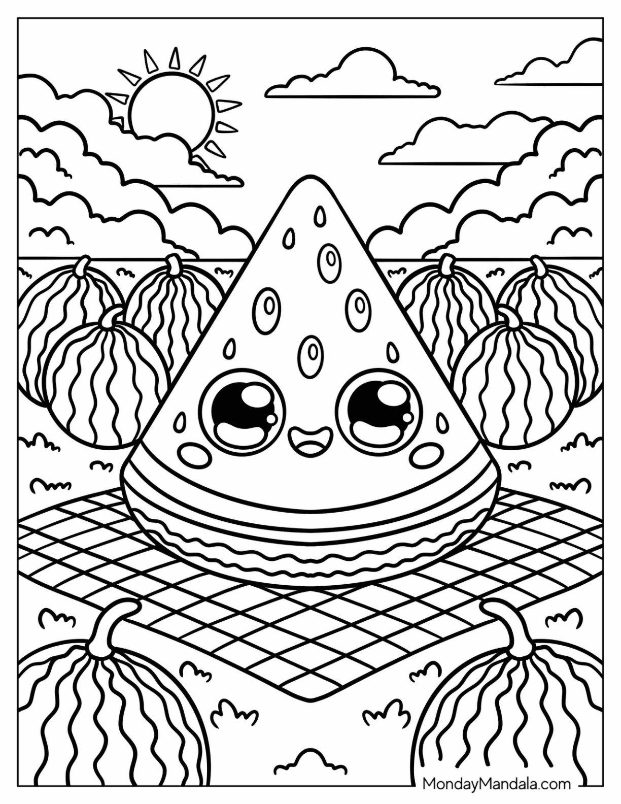 Sunlit Watermelon Coloring Page Slice on a Summer Picnic Blanket for Kids