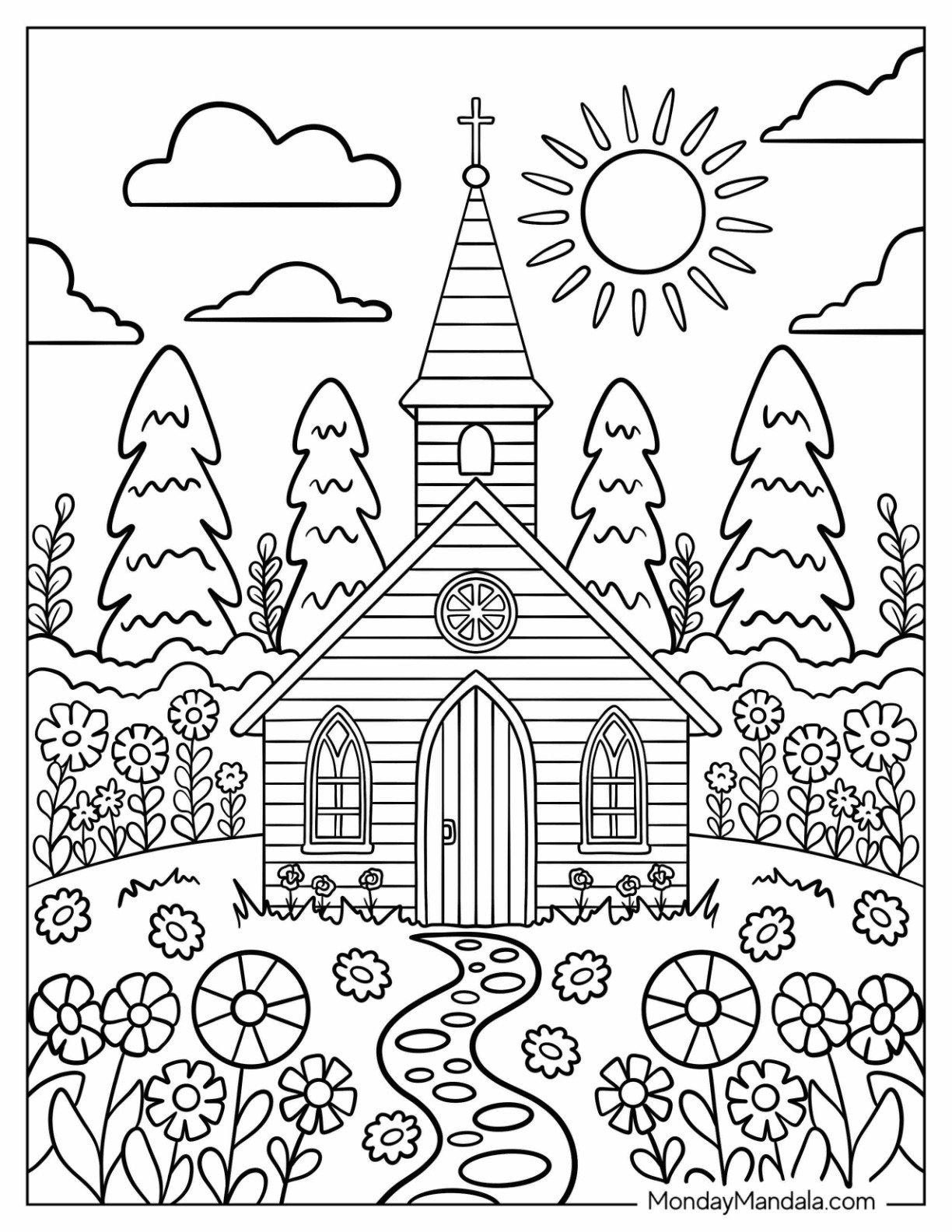 Sunny Country Church Coloring Page with Flower Garden and Steeple for Kids