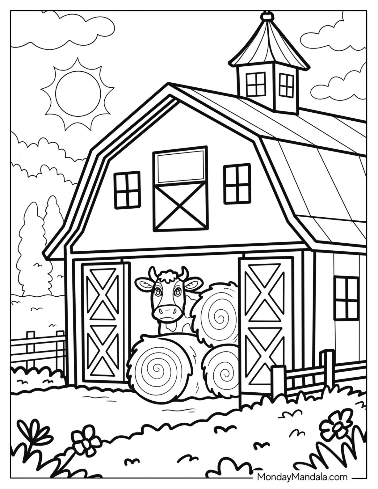 Farm Coloring Page of Sunny Farmyard with Cow Peeking Out from a Classic Barn with Hay Bales