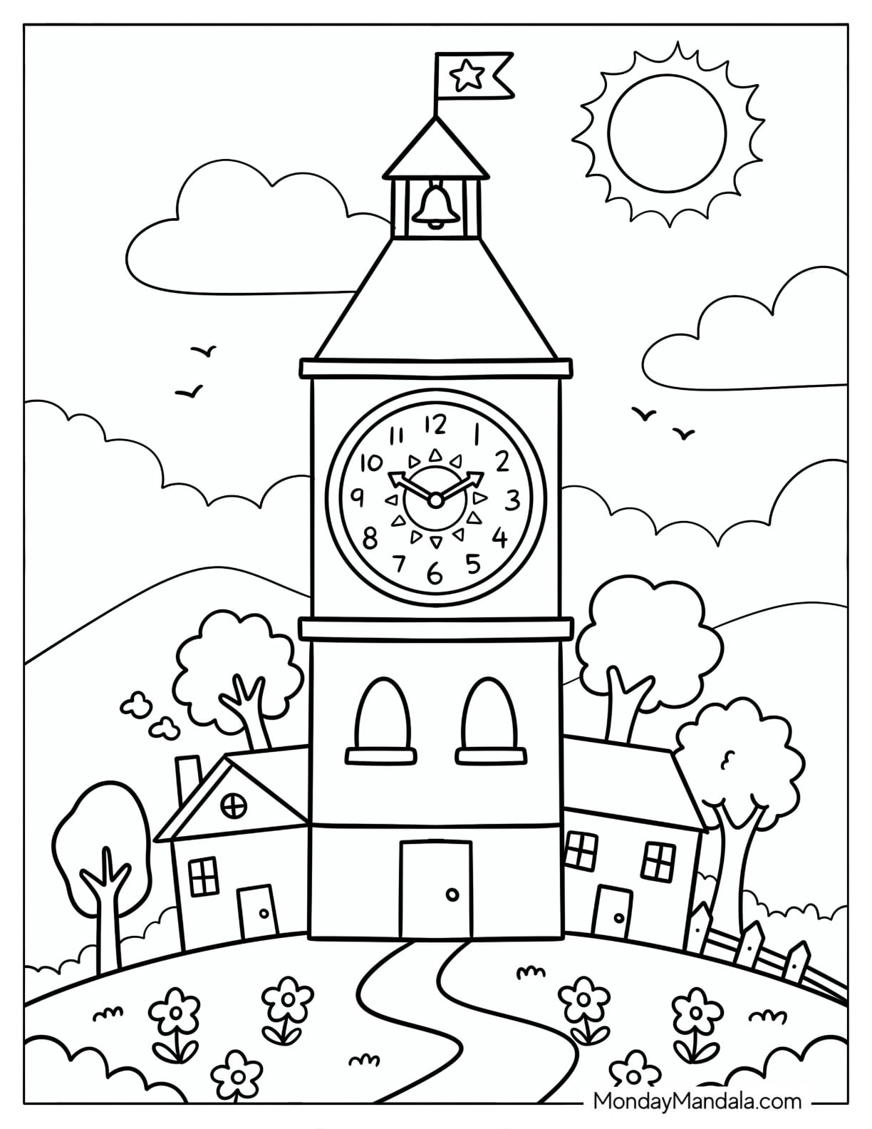 Sunny Village Clock Tower on a Flowering Hill Coloring Sheet