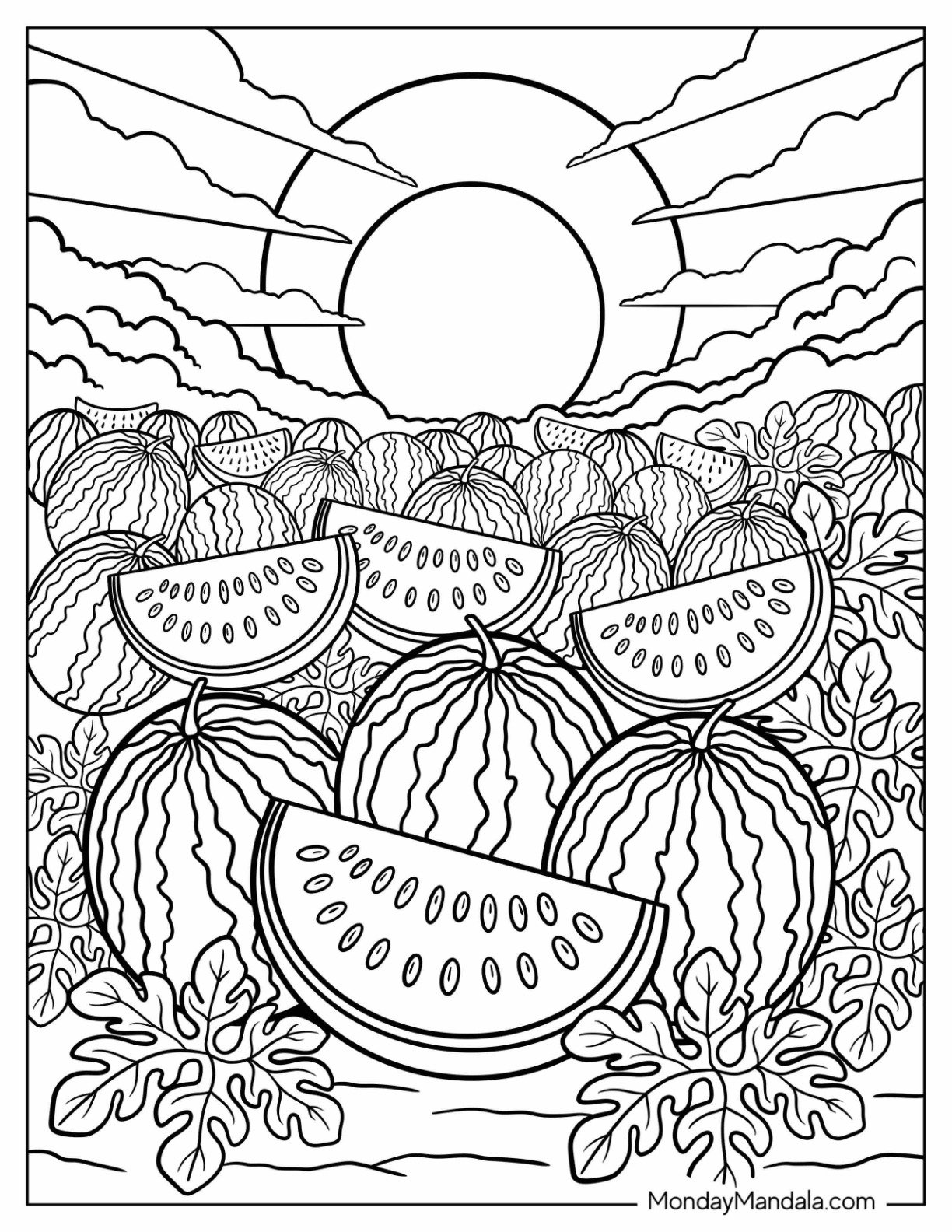 Sunrise Over a Field of Ripe Watermelon Coloring Page