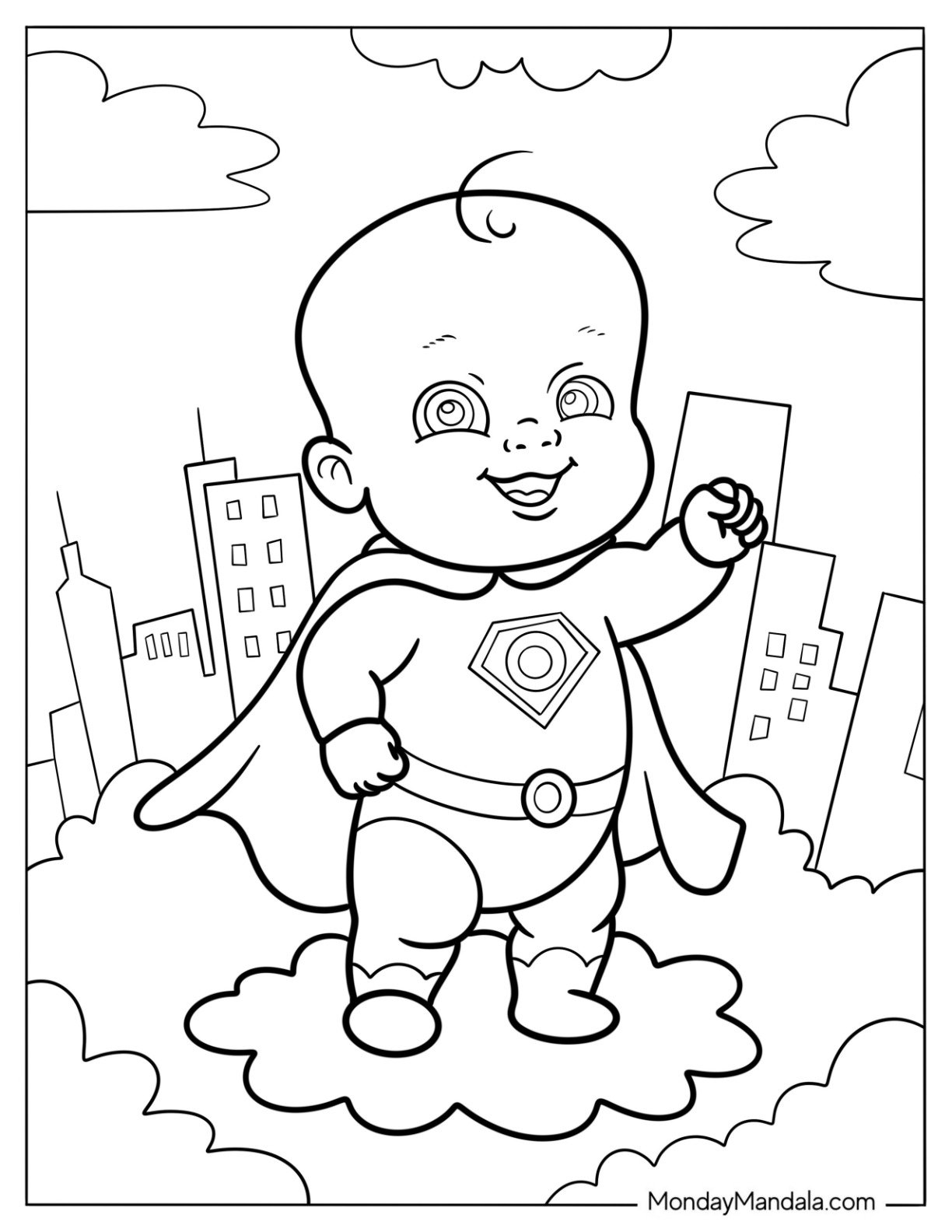 Super Baby Coloring Page In The Clouds