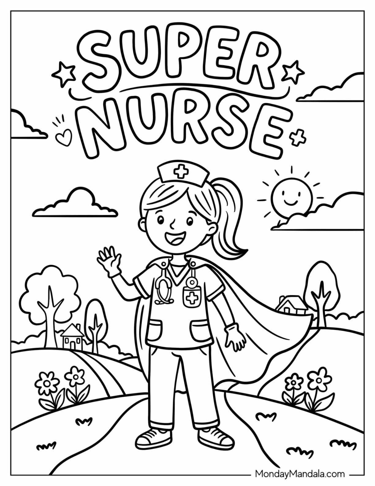 Super Nurse with a Cape in a Park Coloring Page