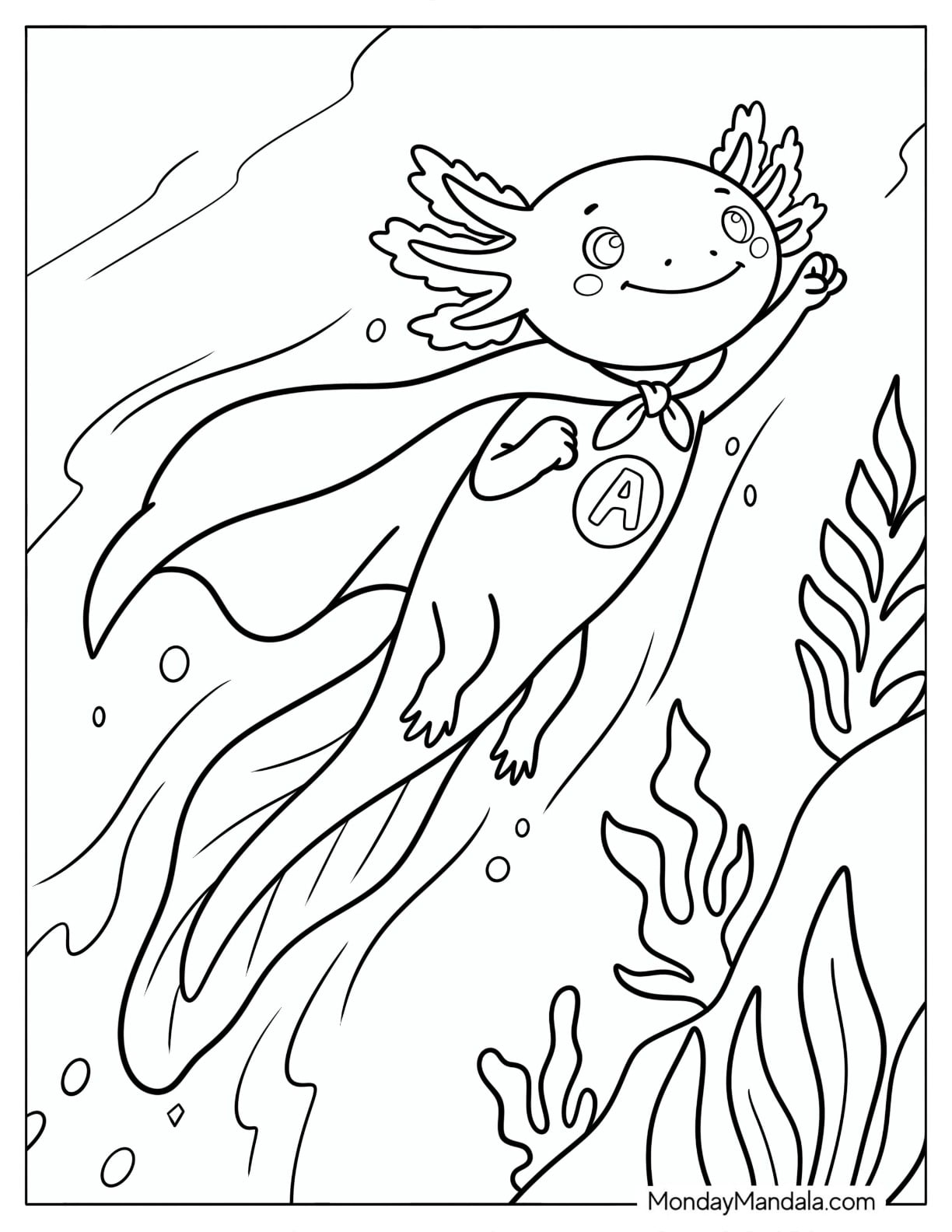 Superhero Axolotl Flying Underwater Coloring Page