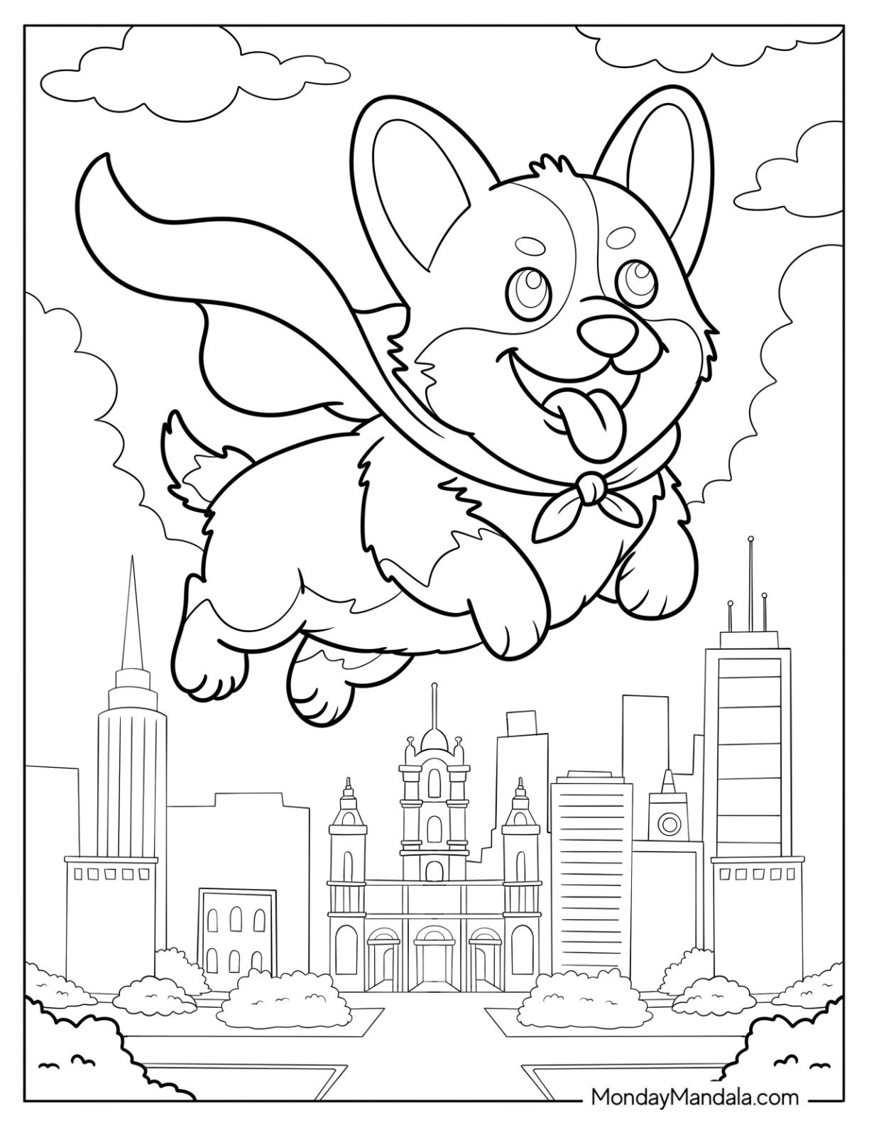 Superhero Corgi Coloring Page Flying Over the City for Kids