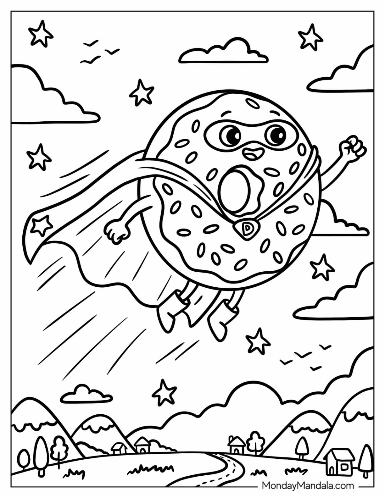 Superhero Donut in the Night Sky Coloring Page for Kids