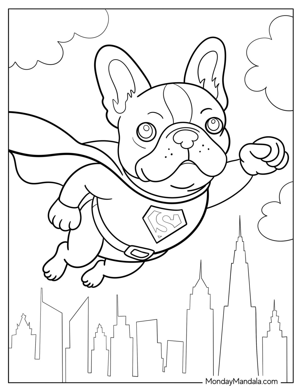 Superhero French Bulldog Coloring Page Flying over a City for Kids