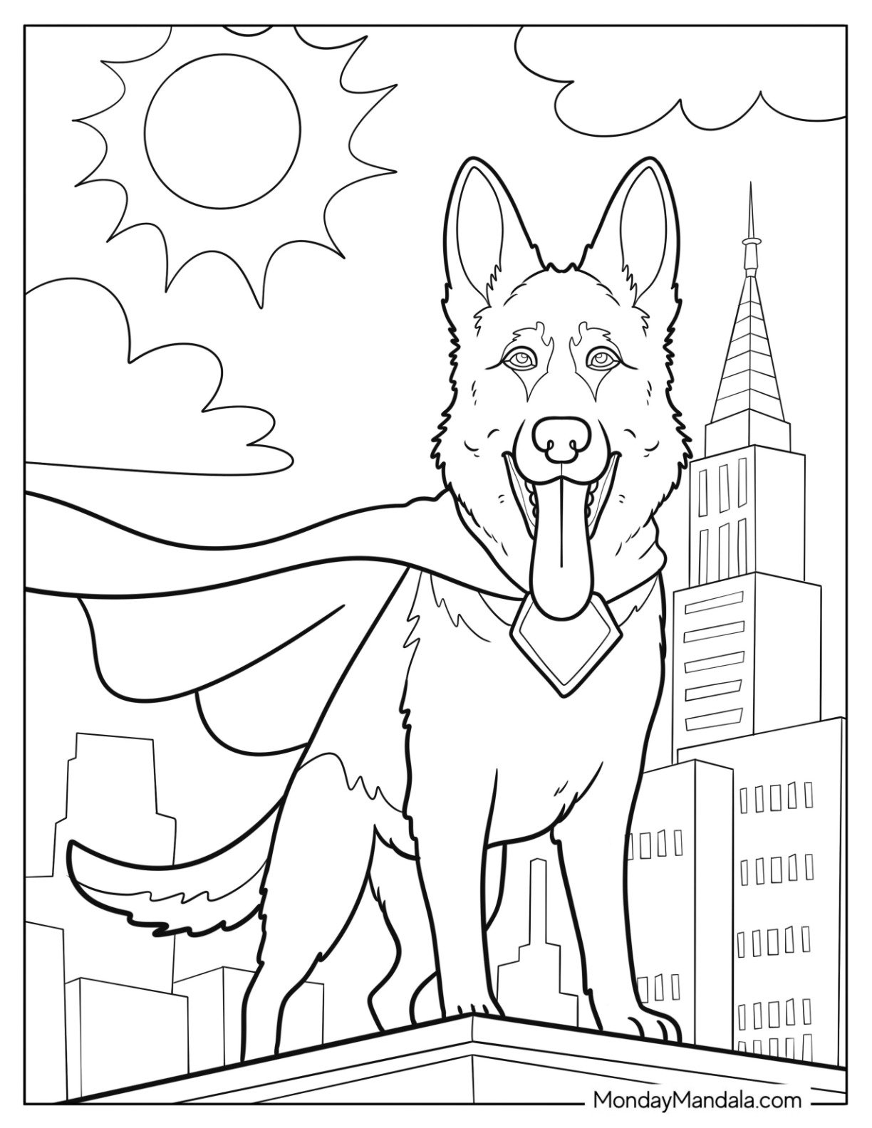 Superhero German Shepherd Coloring Page with Cape on a City Rooftop