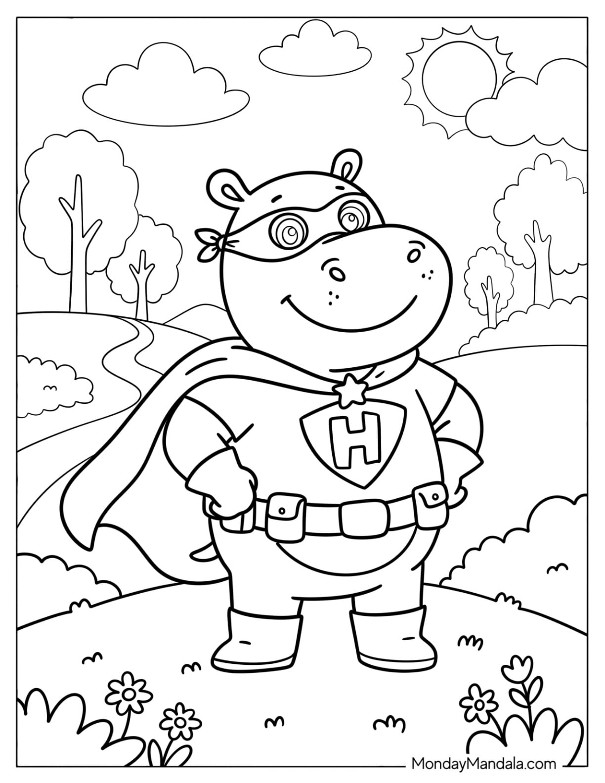 Superhero Hippo with Cape Coloring Sheet