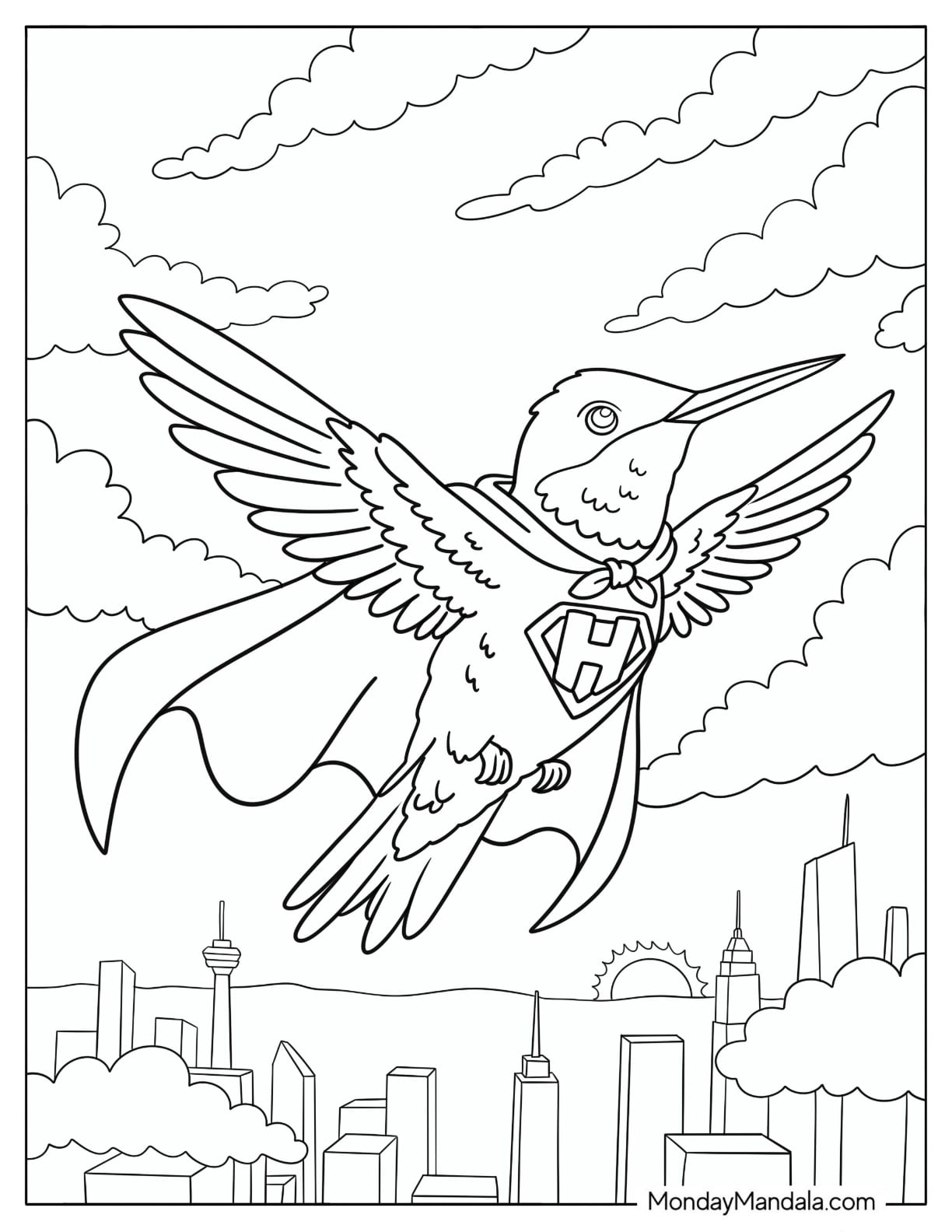 Superhero Hummingbird Flying Over a City Skyline Coloring Page