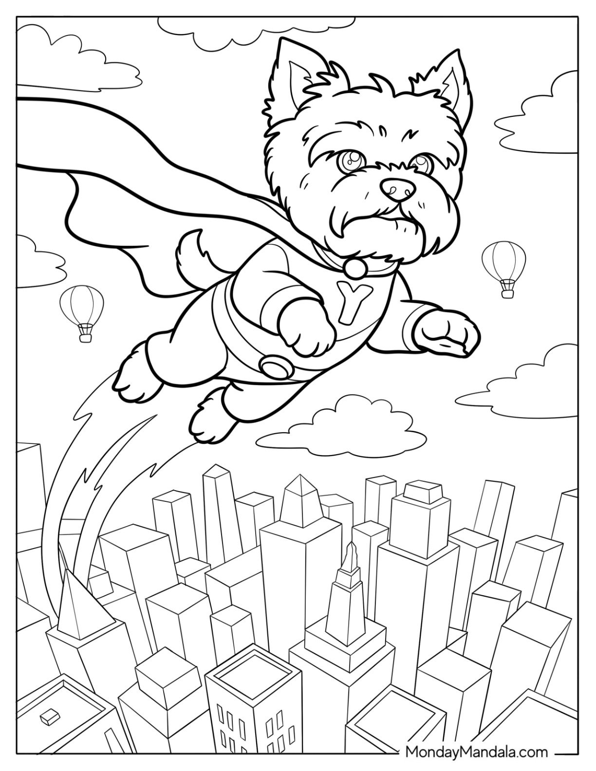 Superhero Yorkie Coloring Page of Flying Over the City For Kids