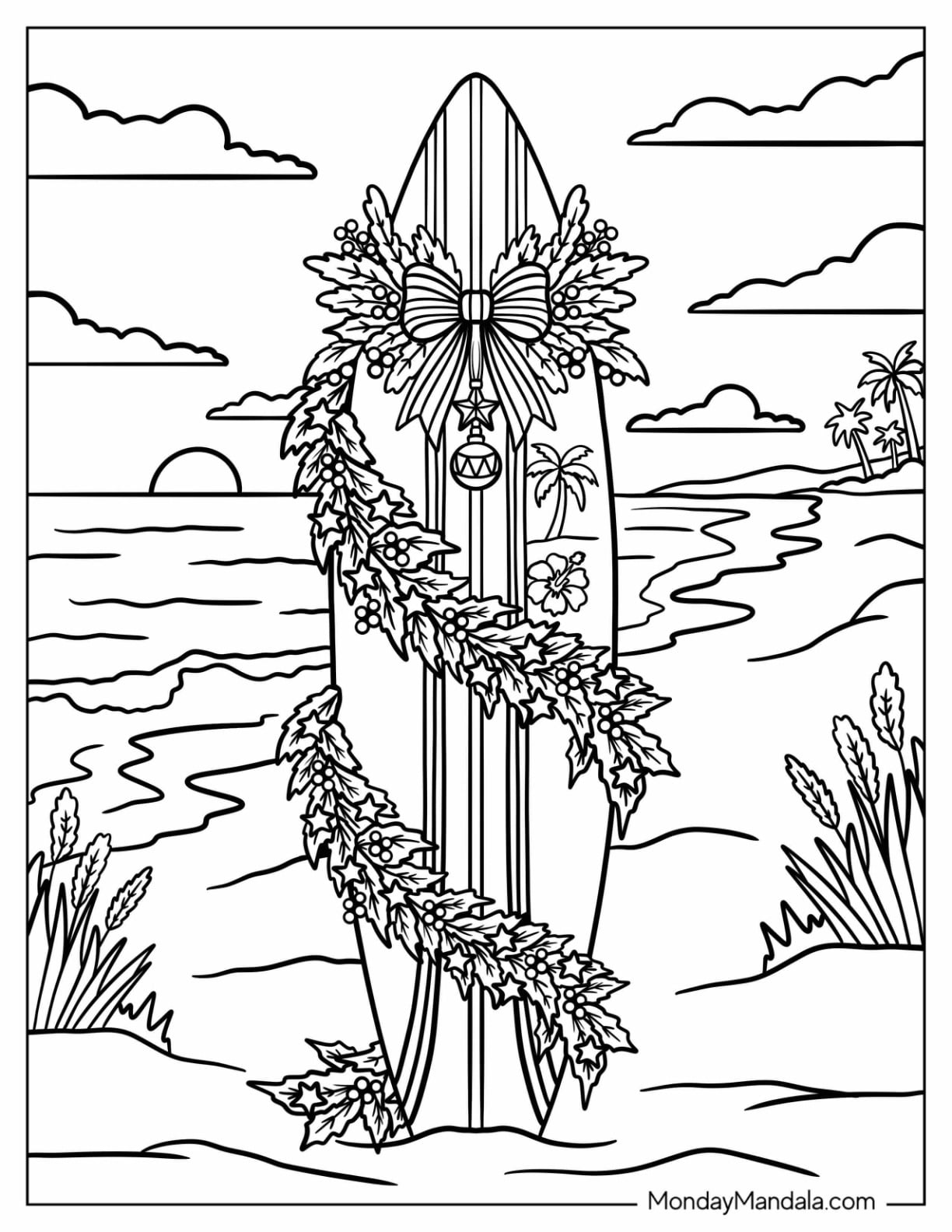 Christmas in July Coloring Page of Surfboard Decorated with Christmas Wreath on the Beach
