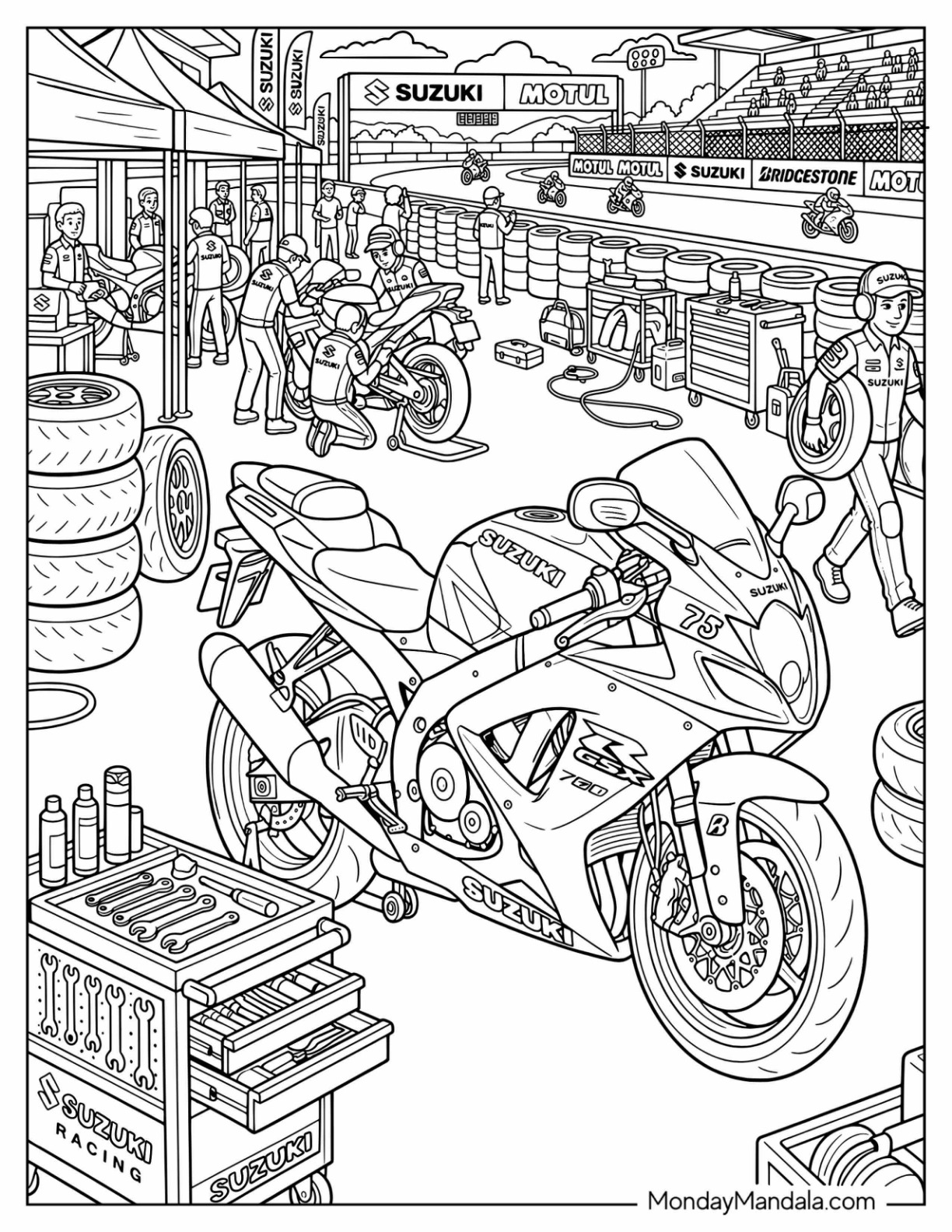 Suzuki Racing Motorcycle in a Professional Race Workshop Coloring Sheet