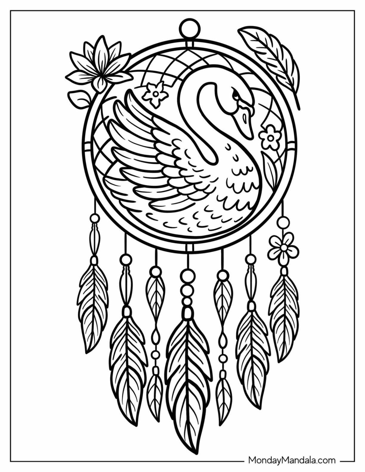 Swan Coloring Page Dreamcatcher with Flowers and Feathers