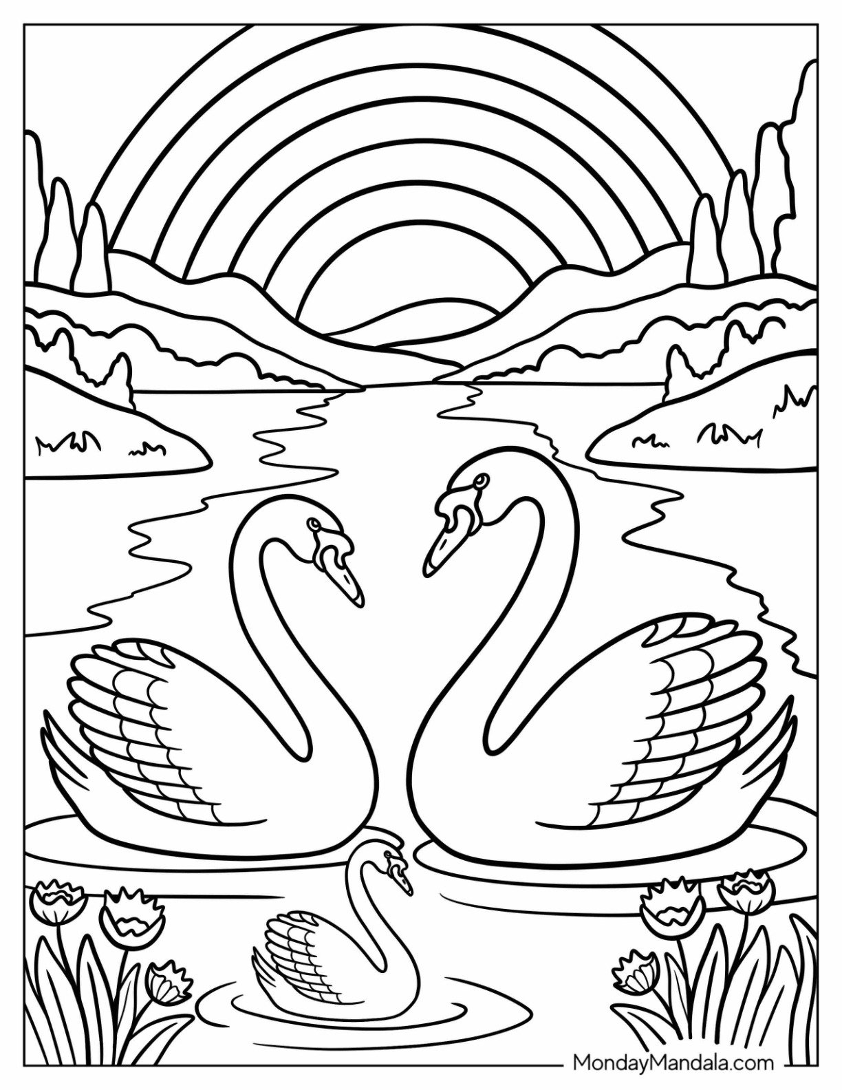 Swan Coloring Page Family on a Pond with Flowers