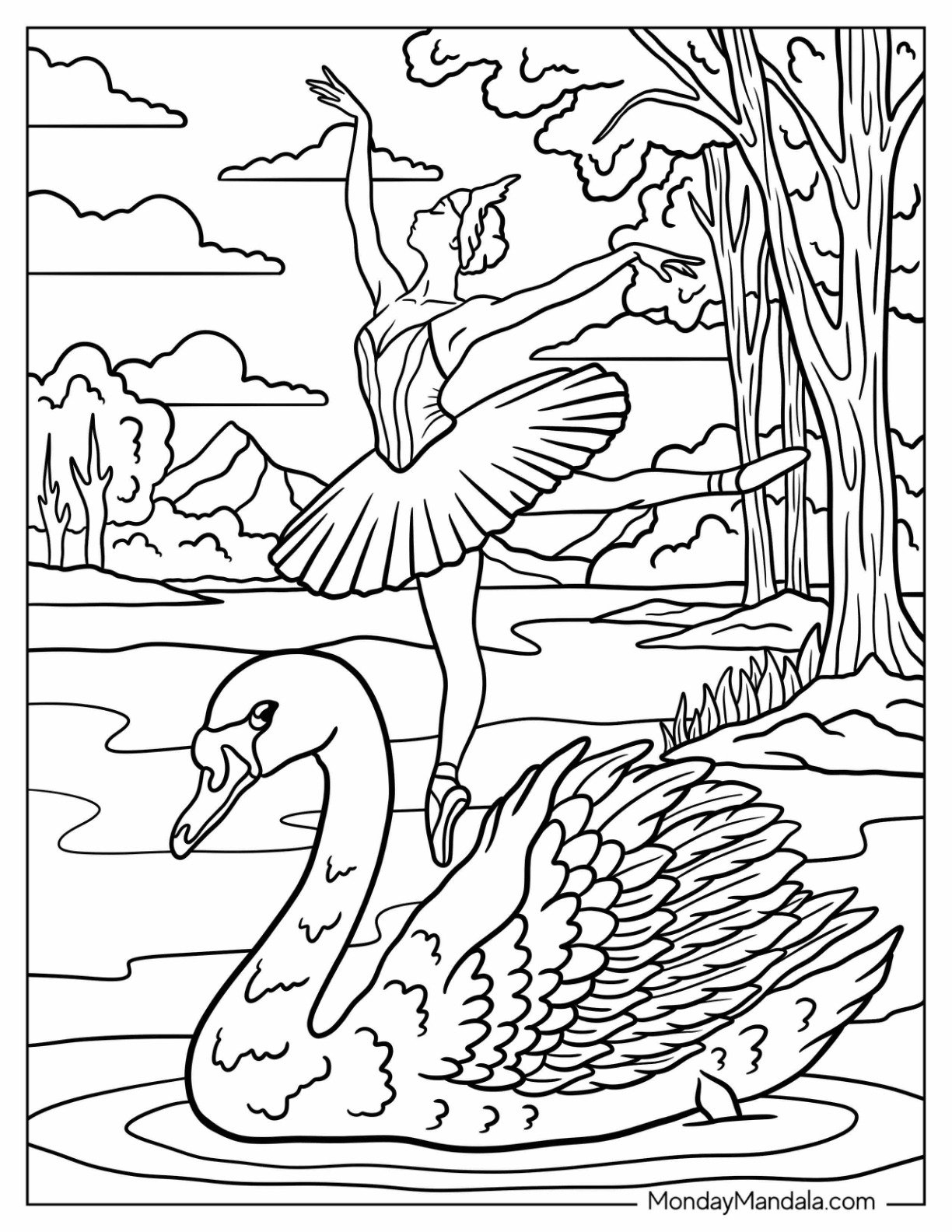 Swan Coloring Page Swimming Past a Ballerina Dancing