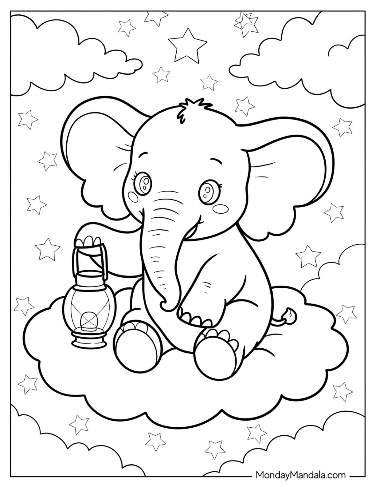 Sweet Baby Elephant Coloring Page Sitting on a Fluffy Cloud in the Starry Night for Preschoolers