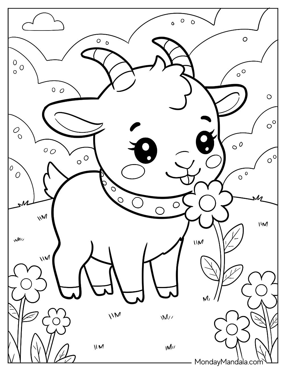 Sweet Baby Goat Coloring Page Sniffing a Daisy in a Sunny Meadow for Preschoolers