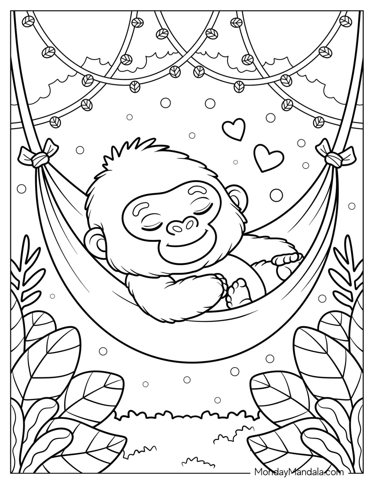 Sweet Baby Gorilla Coloring Page Sleeping in a Hammock with Hearts