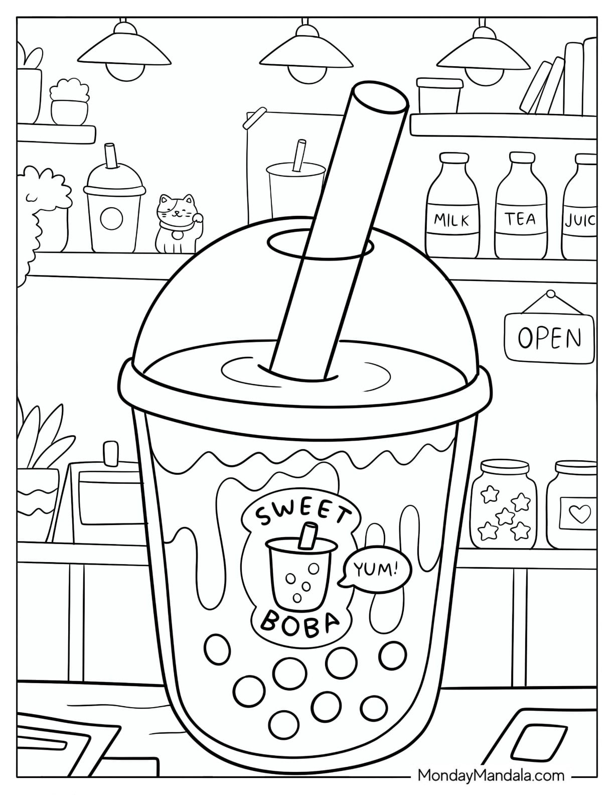 Sweet Boba Tea in a Shop Coloring Page
