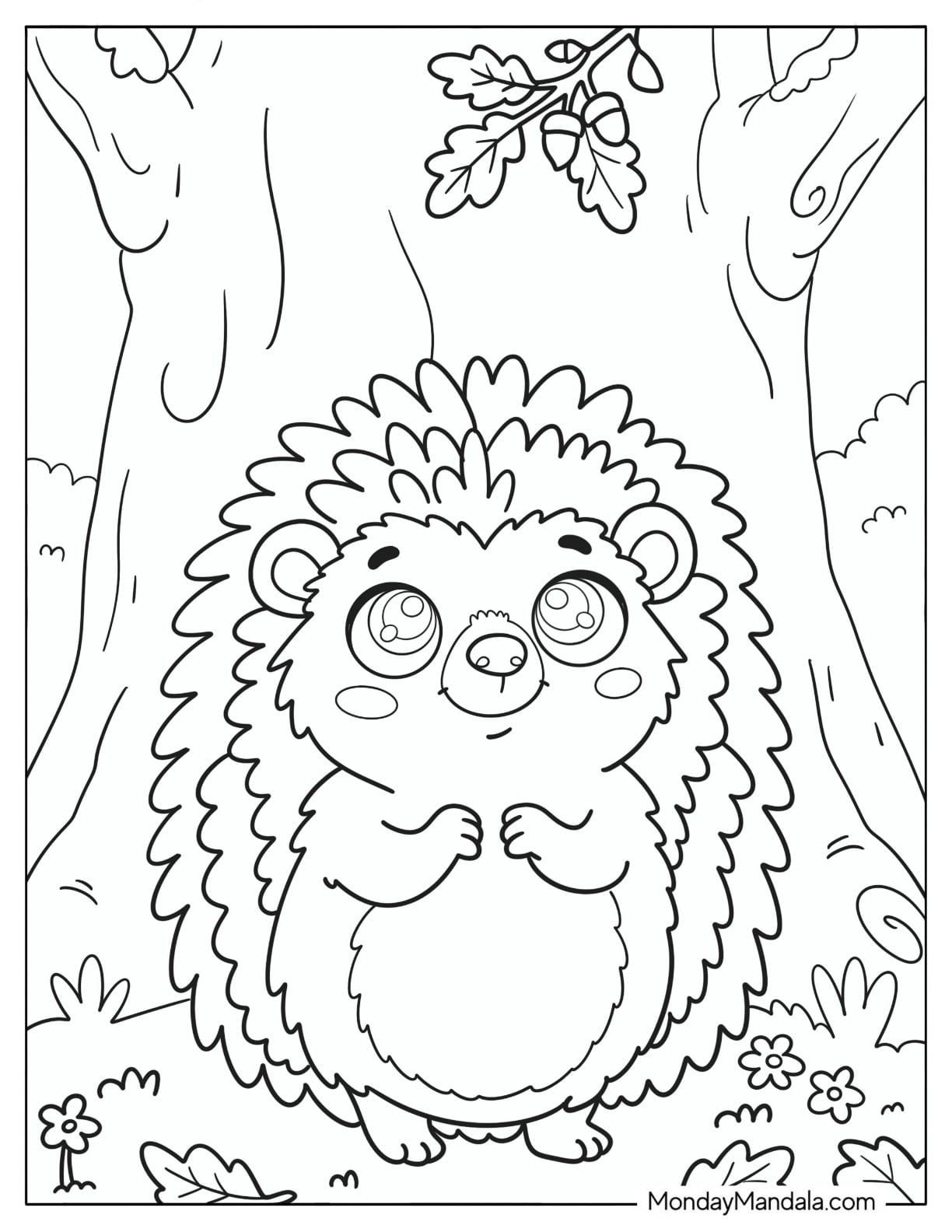 Sweet Cartoon Hedgehog Under a Tree Coloring Page