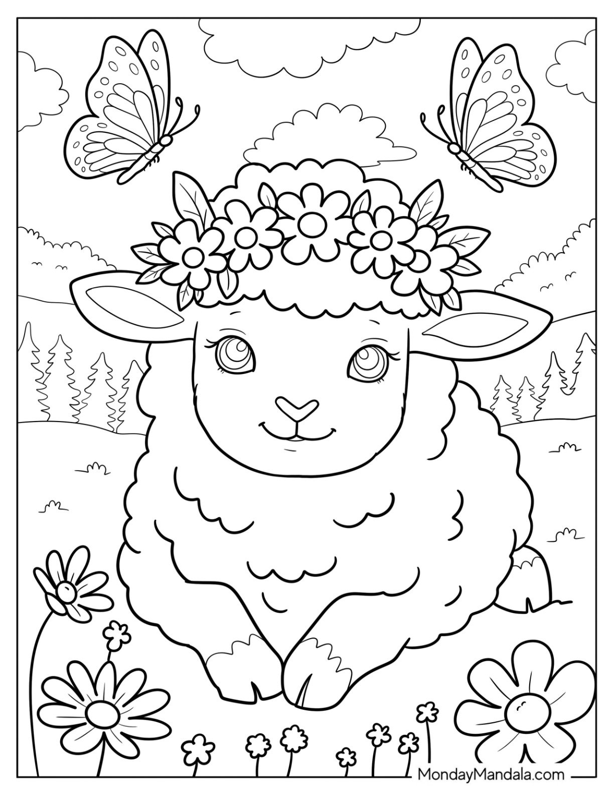 Sweet Cartoon Sheep Coloring Page in a Blooming Field with Butterflies 