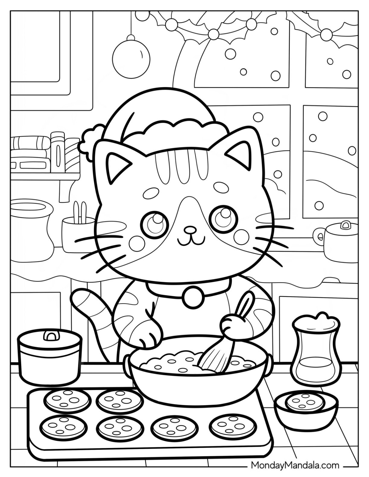 Sweet Christmas Cat Coloring Page Mixing Cookie Dough for Preschoolers