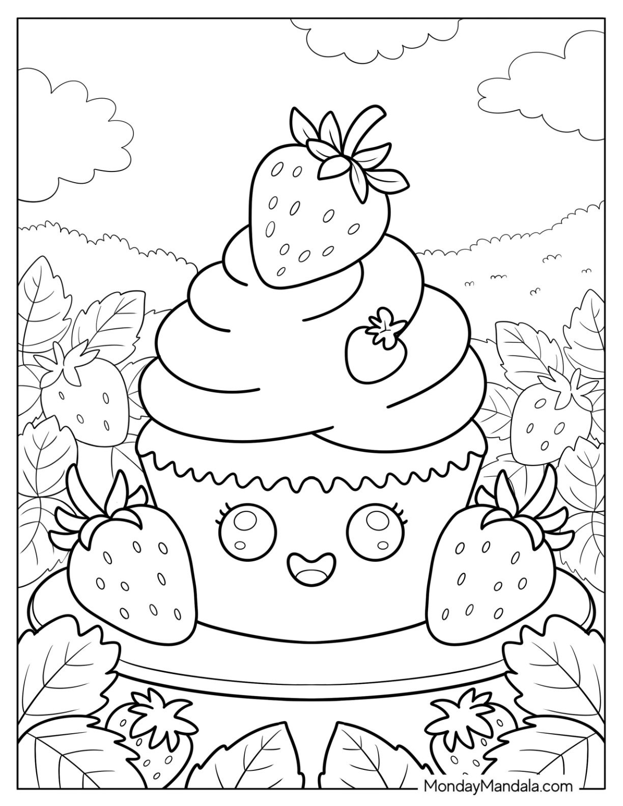 Sweet Cupcake Coloring Page Topped with Strawberries in a Berry Patch