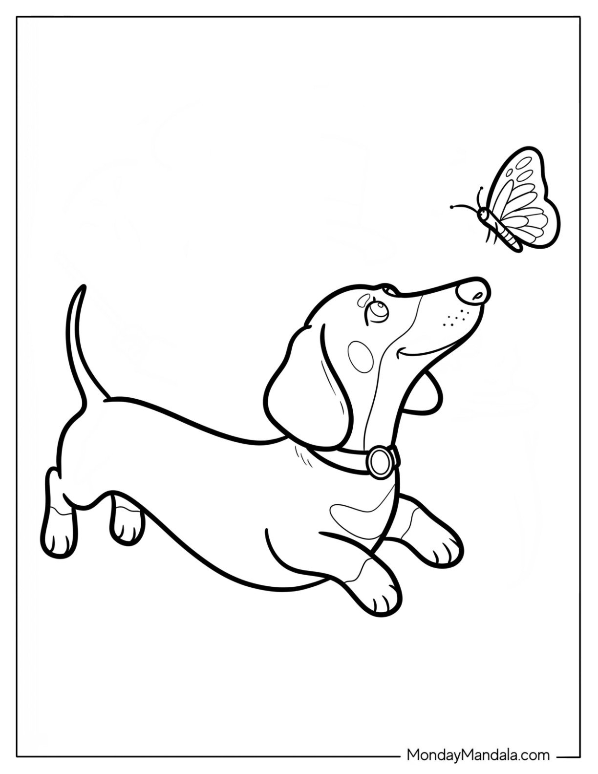 Sweet Dachshund Staring at Fluttering Butterfly Coloring Page for Kids
